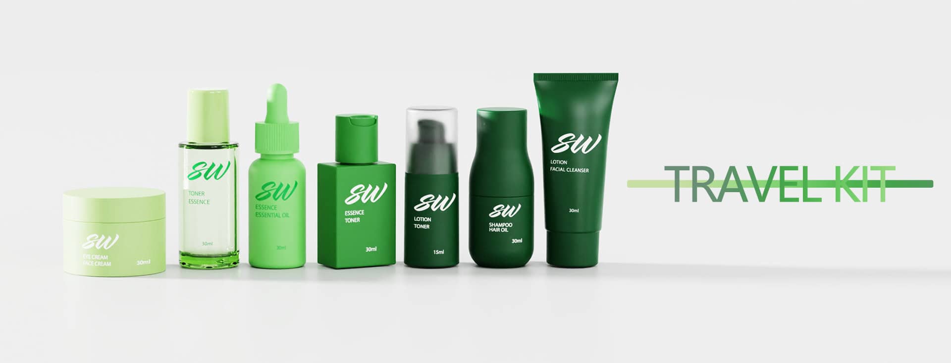 Row of travel-size skincare bottles labeled "SW": moisturizer, essence, toner, serum, cleanser. Text: "TRAVEL KIT.