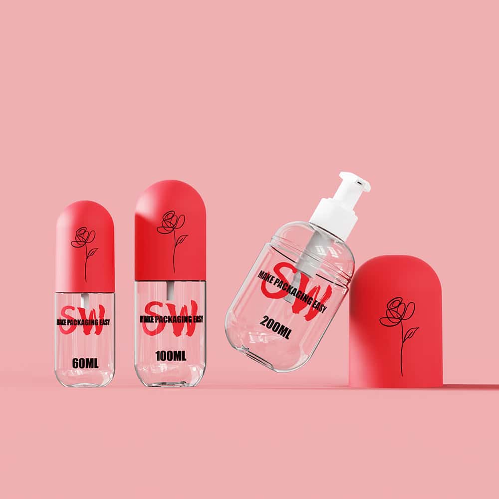 Three rose-designed PET bottles (100ml, 160ml, 220ml) with red caps—ideal for spray cream or capsule use.