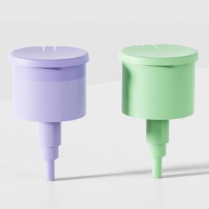 Two custom 24/410 nail remover pumps, lavender and light green, stand upright—ideal for dispensing remover.