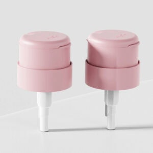 Two custom 33/400 nail remover pump dispensers with pink lids sit side by side on a light gray background.