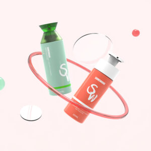 Two bottles—green and orange—labeled "SOMMAIRE SW" float with pink/green spheres on a light pink background.