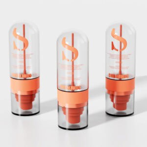 Three 240ML PE custom lotion bottles with clear caps, orange accents; each features a large "S" and text.