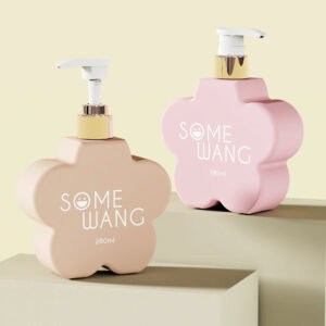 Two flower-shaped 280ml HDPE bottles with lotion pumps, in beige and pink, elegantly placed on a minimalist backdrop.