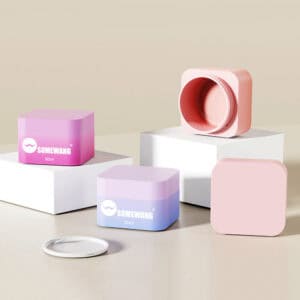 Four pastel "SOMEWANG 50ml" cosmetic containers are shown on white platforms, one with its lid off to show the inside.