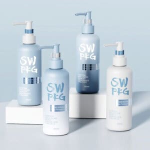 Four 360ml “SW PEG” PET bottles with lotion pumps sit on blue and white platforms; each has a pump dispenser.