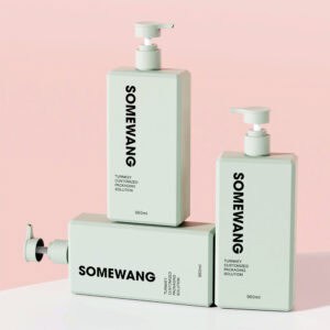 Three green "SOMEWANG" 960ml rectangular PET shampoo bottles with pumps sit on a white surface, perfect for your needs.