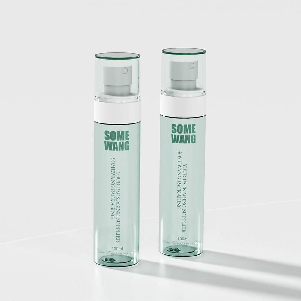 Two 100ml PET round bottles with green and white "SOME WANG" labels are neatly placed on a white surface.