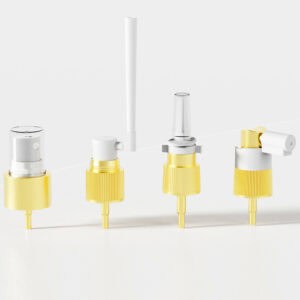 Four yellow and white spray nozzles (20/410 & 24/410 Customized Mist/Nasal Sprayer) are lined up on a light surface.