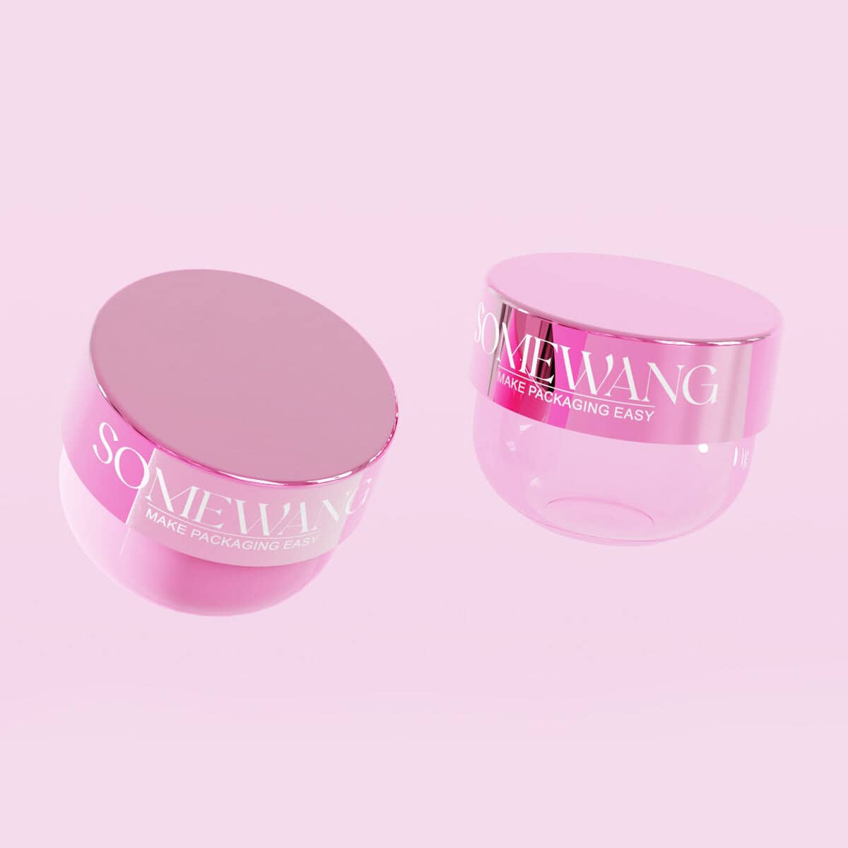 Two pink "SOMEWANG Make Packaging Easy" cosmetic jars: a 250ml upright PET jar with screw cap and a tilted, transparent, empty jar.