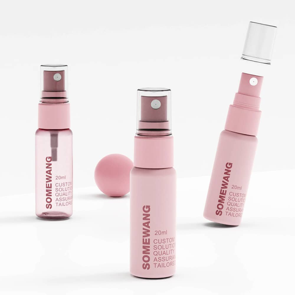 Three pink 20ml "SOMEWANG" spray bottles: one capped, one uncapped, and one with cap being removed.