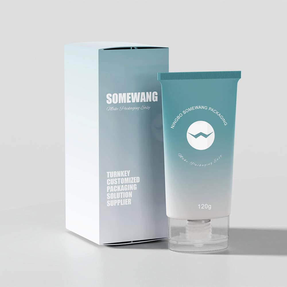 A 120ml D45 LDPE Flat Tube, blue-white gradient with flip-top cap, branded "Somewang," offers innovative packaging solutions.