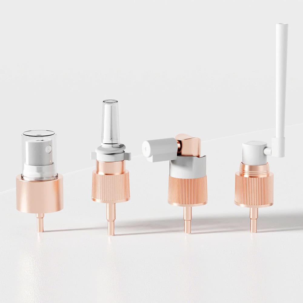 Four stylish cosmetic pump dispensers in vibrant designs, including 20/410 & 24/410 Mist/Nasal Sprayers, on a plain backdrop.