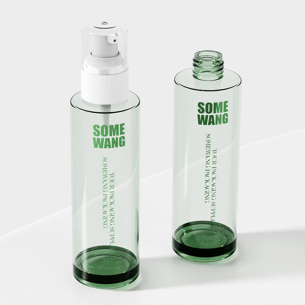 Two green 100ml glass bottles on a white surface: one open, one capped. Labeled "Some Wang," ideal for lotion and personal care items.