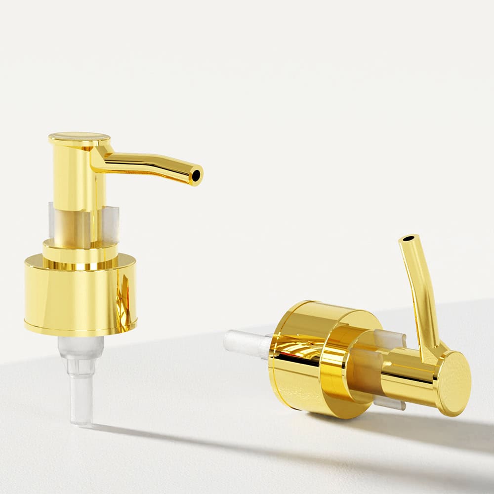 The 24/410 28/410 Plastic Cosmetic Lotion Pump set includes gold dispensers—one upright, one sideways—blending style and function.
