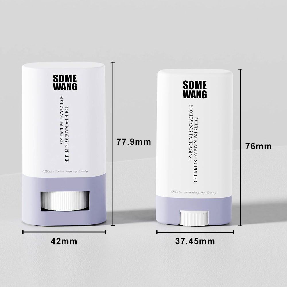 Two Customized PP Deodorant Sticks have a sleek white/light purple design. Sizes: 77.9mm x 42mm and 76mm x 37.45mm, ideal for use.