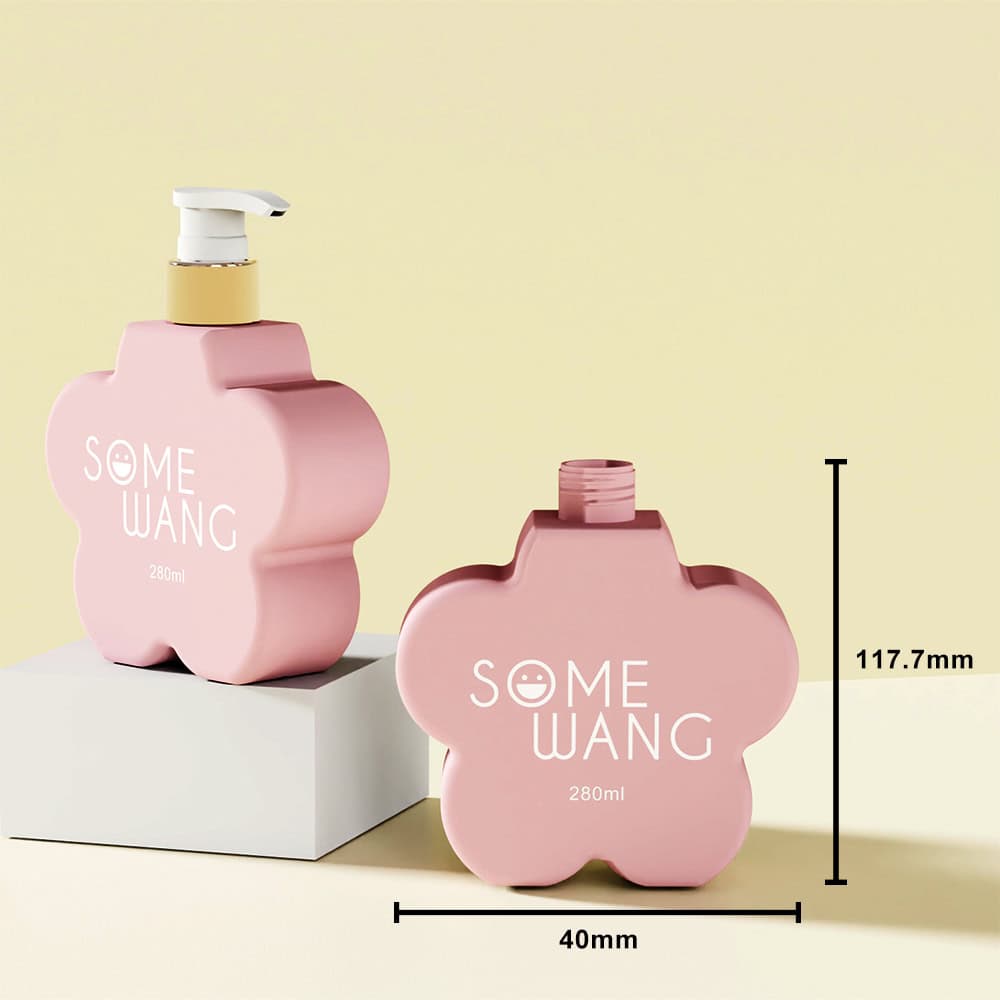 Two pink HDPE "SOME WANG" bottles, both flower-shaped (280ml), 117.7mm high and 40mm wide—one with a pump, one open neck.