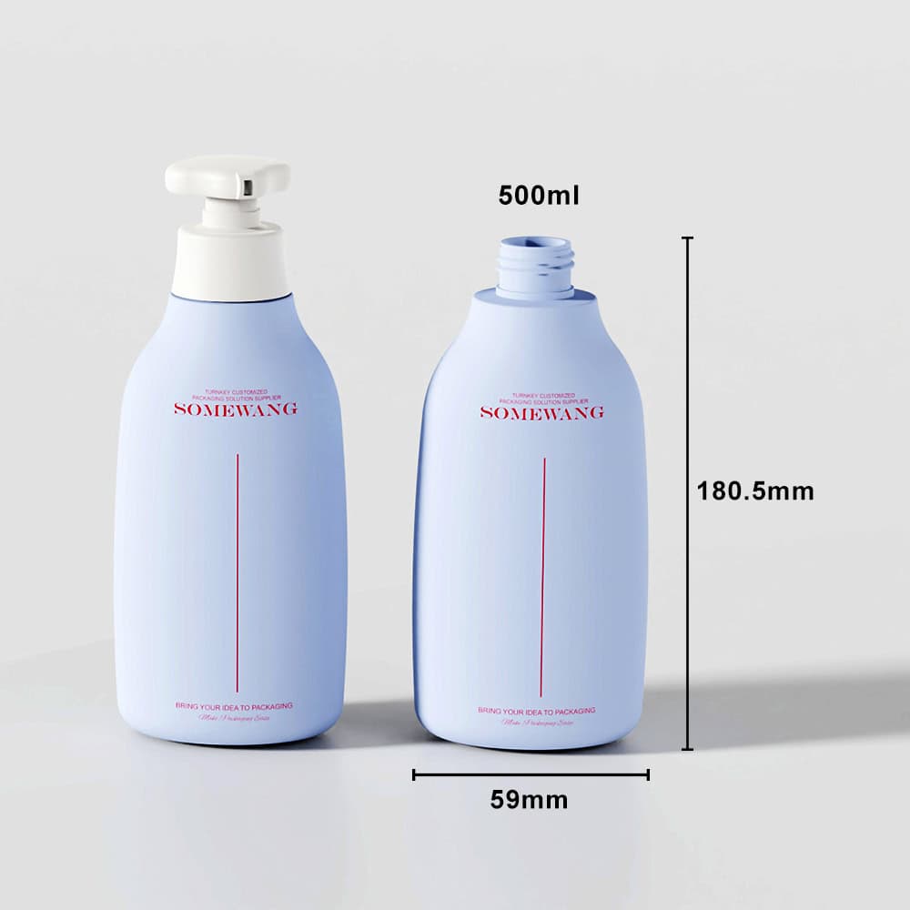 Two light blue shampoo bottles with red text: one 500ml pump, the other open top. Both 59mm wide, 180.5mm tall for daily use.