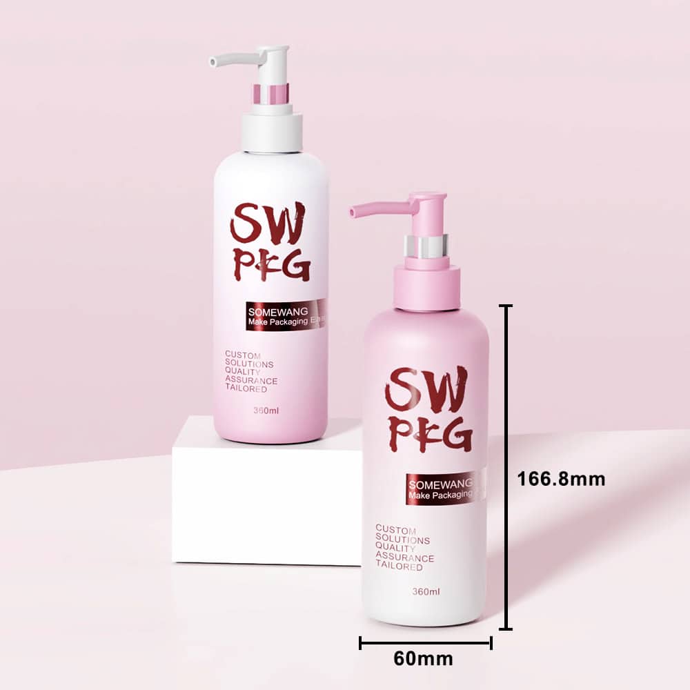 Two pink-and-white "SW PFG" lotion bottles are shown: 360ml and 305ml PET round pump bottles.