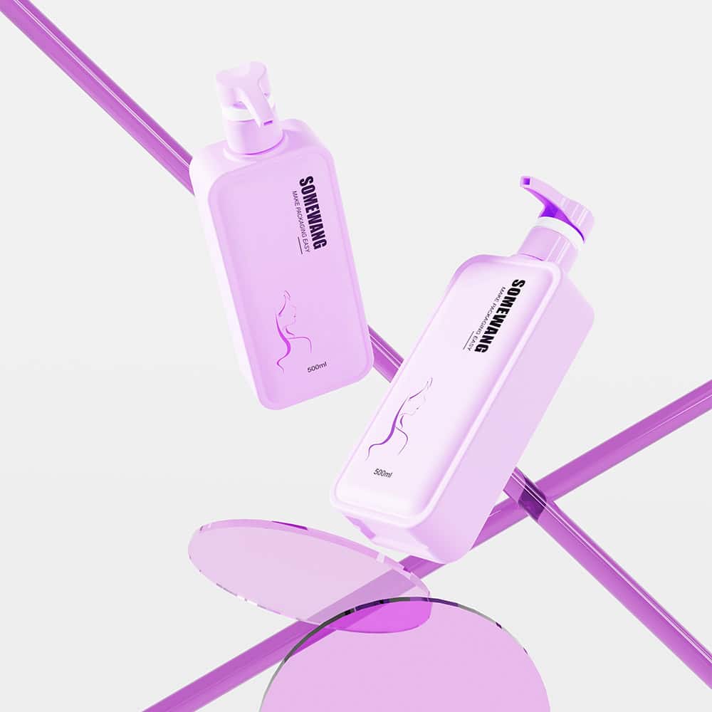 Two lavender pump bottles labeled 'Shampoo' and 'Conditioner' float with a 50ml glass jar against a minimal backdrop.