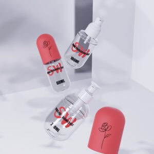Three S.W. Recharge Boost PET bottles (100ml, 160ml, 220ml) with red caps—stylish spray cream dispensers for skincare.